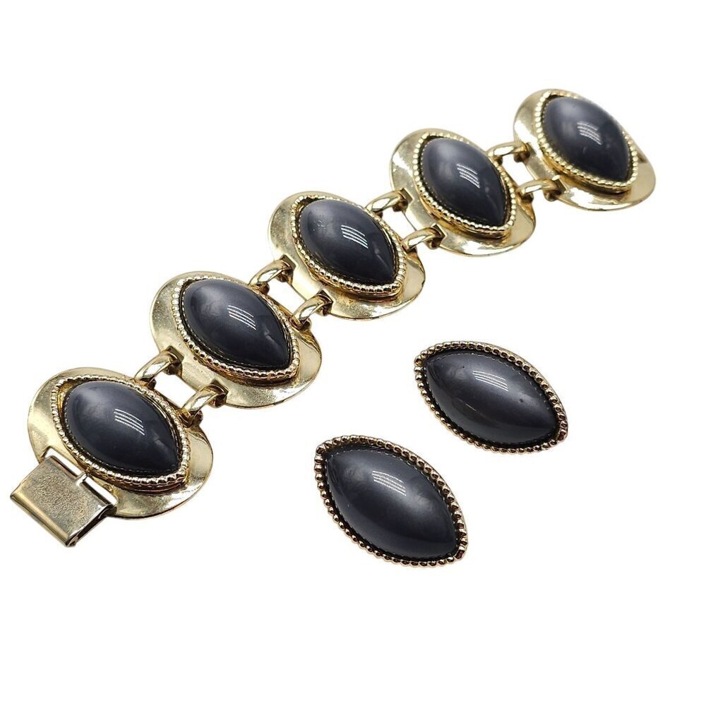 Vintage Gold Tone Bracelet Earrings Set With Dark Gray Acrylic Cabochon Stones